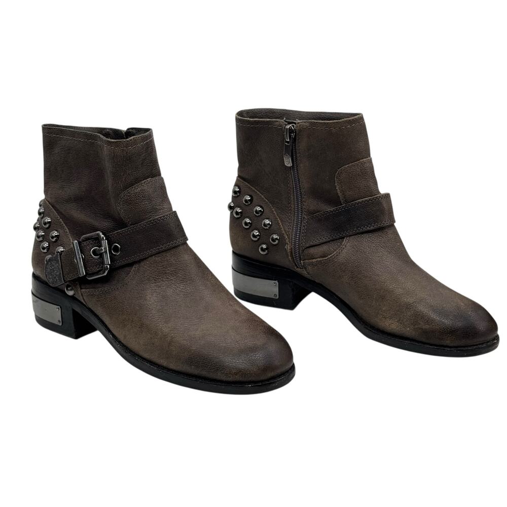 Vince Camuto Moto Studded Biker Bootie Windetta 7.5 Womens Leather Brown Harness